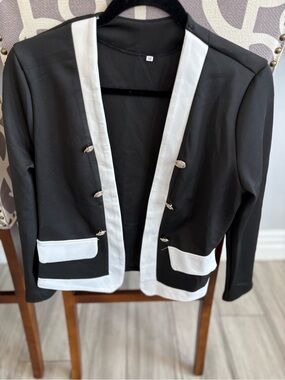 Women's Black Open Blazer with White Trim - Classic Contrast Jacket